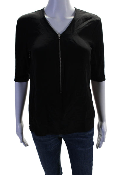 The Kooples Womens Silk Short Sleeve V Neck Half Zip Blouse Black Size S