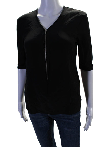 The Kooples Womens Silk Short Sleeve V Neck Half Zip Blouse Black Size S