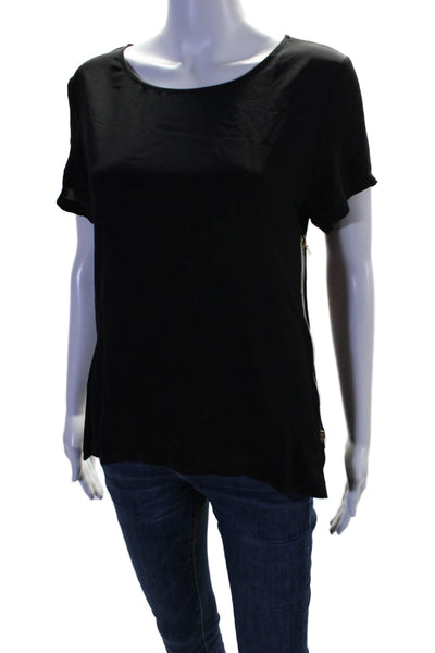 Sjobeck Womens Silk Round Neck Short Sleeve Zip Detail Blouse Black Size S