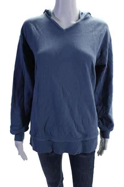 Athleta Womens Pullover Long Sleeve V Neck Hooded Sweatshirt Blue Cotton Size XS