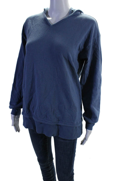 Athleta Womens Pullover Long Sleeve V Neck Hooded Sweatshirt Blue Cotton Size XS