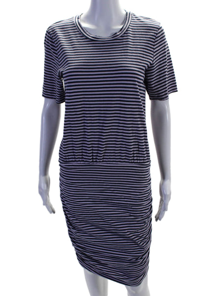 Stateside Womens Short Sleeve Scoop Neck Ruched Striped Dress Purple Size Small