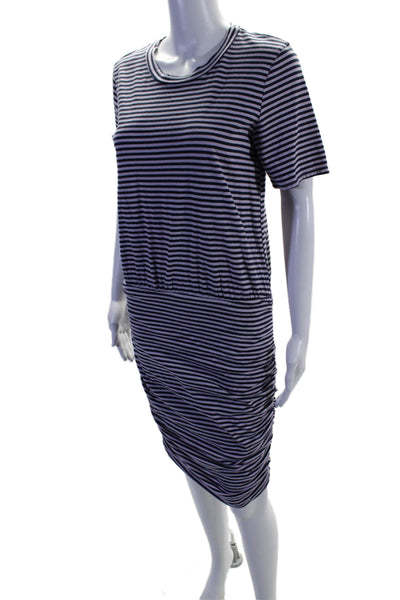 Stateside Womens Short Sleeve Scoop Neck Ruched Striped Dress Purple Size Small