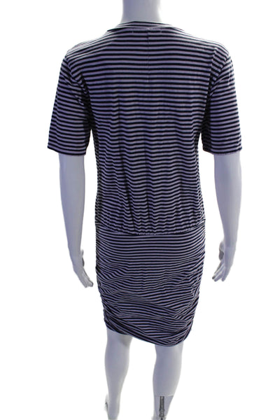 Stateside Womens Short Sleeve Scoop Neck Ruched Striped Dress Purple Size Small