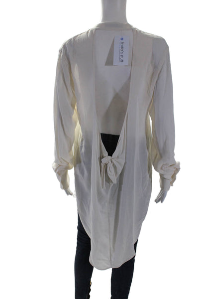 Kes Womens Silk Open Back Long Sleeve Button Up Blouse Top Cream Size S