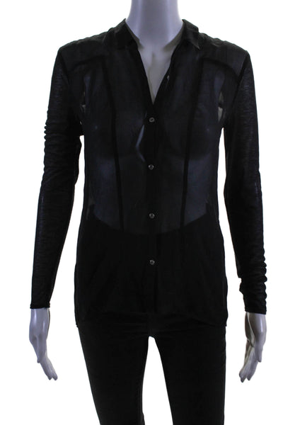 Helmut Helmut Lang Womens Button Up Long Sleeve Sheer Collared Top Black Petite