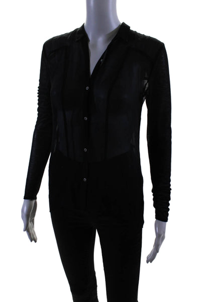 Helmut Helmut Lang Womens Button Up Long Sleeve Sheer Collared Top Black Petite