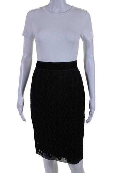 Elie Tahari Womens Crochet Back Slit Pencil Skirt Midnight Blue Black Size 0