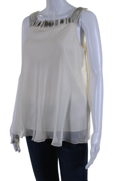 Elie Tahari Womens Silk Square Neck Sleeveless Sequin Trim Blouse White Size M