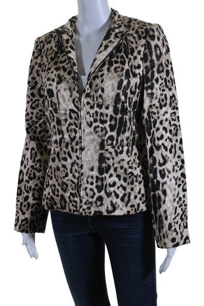 Louben Womens Leopard Print Full Zip Long Sleeve Jacket Beige Size 6