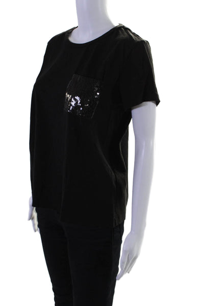 DKNY Womens Short Sleeve Round Neck Sequin Pocket Tee Shirt Black Size Medium