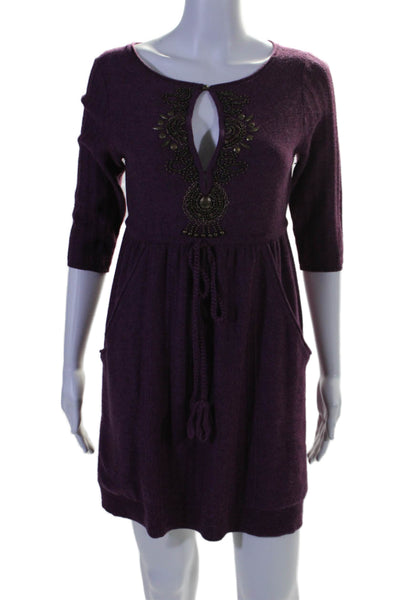 Nanette Lepore Womens Wool Knit Beaded Long Sleeve Mini Dress Purple Size M