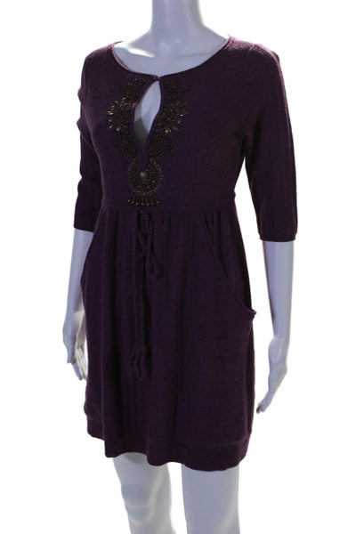 Nanette Lepore Womens Wool Knit Beaded Long Sleeve Mini Dress Purple Size M