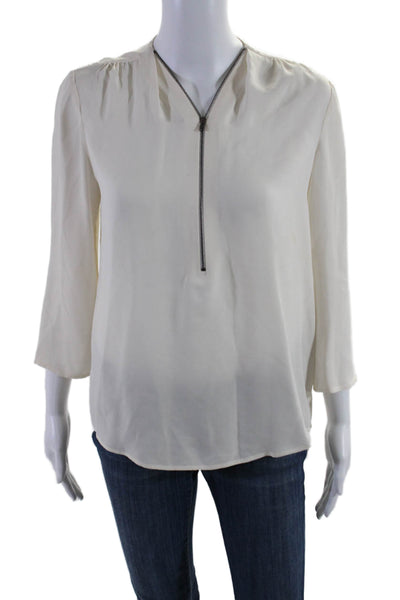 Theory Women's V-Neck Long Sleeves Half Zip Silk Blouse Beige Size L