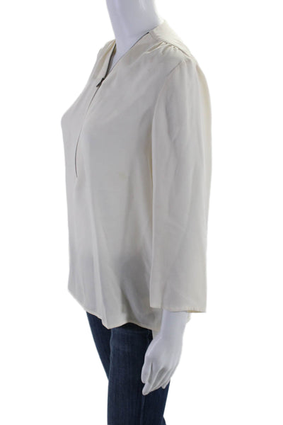 Theory Women's V-Neck Long Sleeves Half Zip Silk Blouse Beige Size L