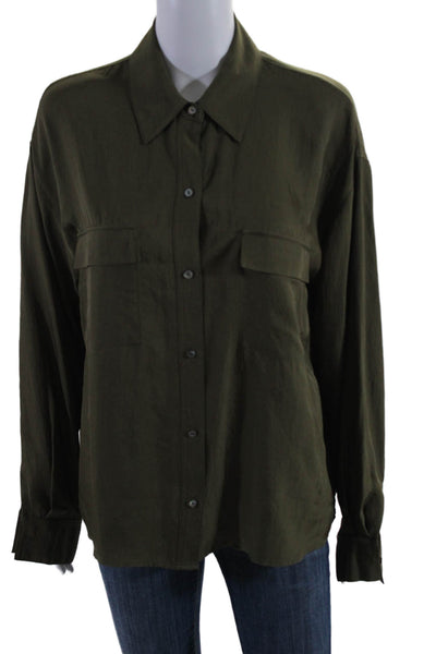 Vince Women's Collared Long Sleeves Button Down Shirt Olive Green Size L