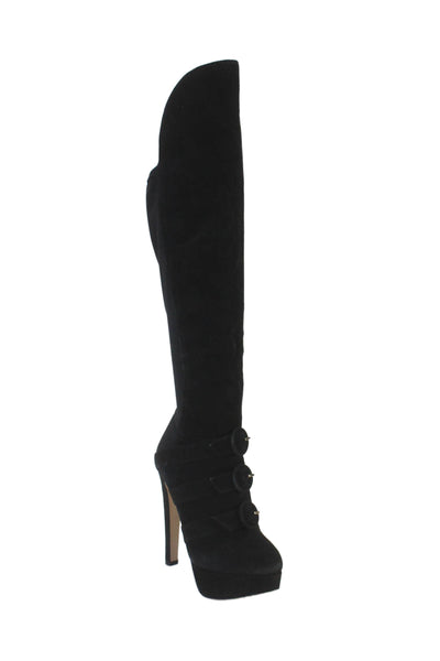 Charlotte Olympia Womens Leather Buckle Detail Pull On Knee High Boots Black Siz