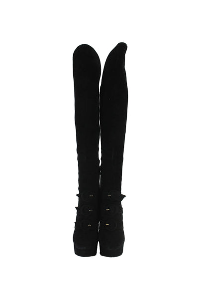 Charlotte Olympia Womens Leather Buckle Detail Pull On Knee High Boots Black Siz