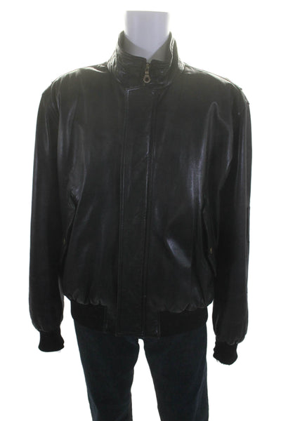 Faconnable Mens Black Leather Zip Up Long Sleeve Bomber Jacket Size XL