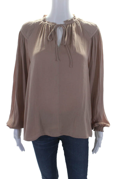 T Tahari Womens Long Sleeve Pleated V Neck Blouse Beige Size XS