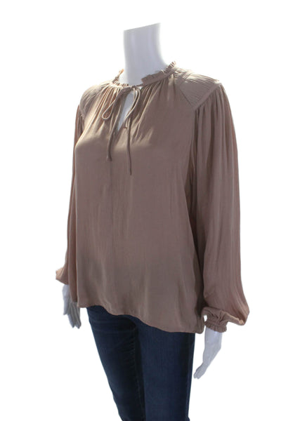 T Tahari Womens Long Sleeve Pleated V Neck Blouse Beige Size XS