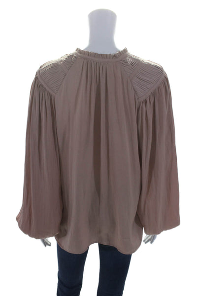 T Tahari Womens Long Sleeve Pleated V Neck Blouse Beige Size XS