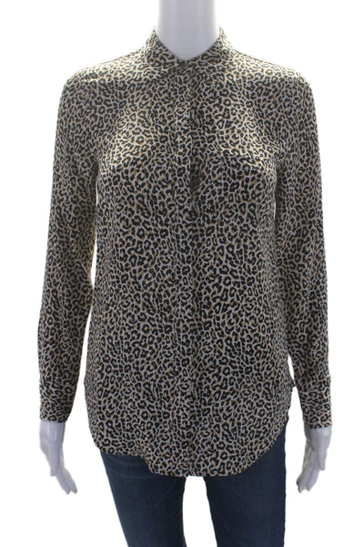 J Crew Womens Silk Collar Animal Print Button Up Blouse Brown Size 00