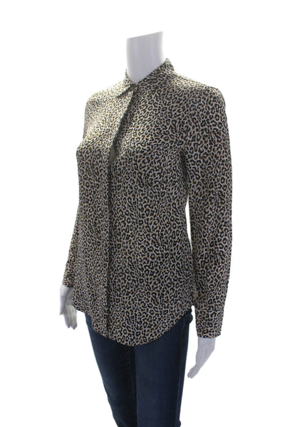 J Crew Womens Silk Collar Animal Print Button Up Blouse Brown Size 00