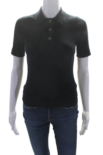 Tuckernuck Womens Polo Ribbed Knit Fitted Basic Short Sleeve Top Black Size S