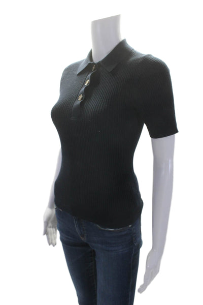 Tuckernuck Womens Polo Ribbed Knit Fitted Basic Short Sleeve Top Black Size S