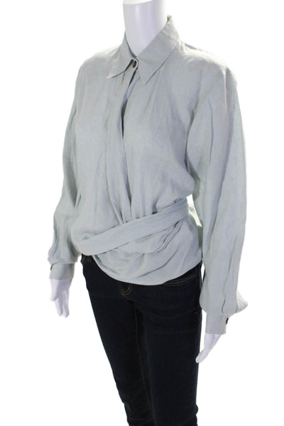 Rene Lezard Womens Linen Collared Tie Front Long Sleeve Top Blue Size 36