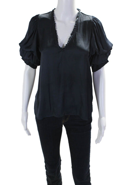 Zadig & Voltaire Womens Short Puff Sleeve V Neck Satin Blouse Navy Blue Size XS