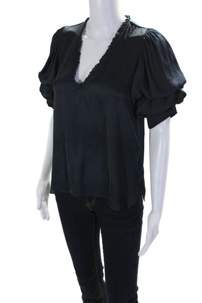 Zadig & Voltaire Womens Short Puff Sleeve V Neck Satin Blouse Navy Blue Size XS