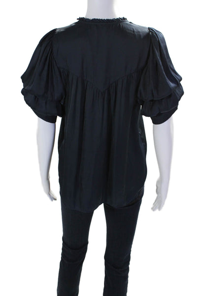 Zadig & Voltaire Womens Short Puff Sleeve V Neck Satin Blouse Navy Blue Size XS