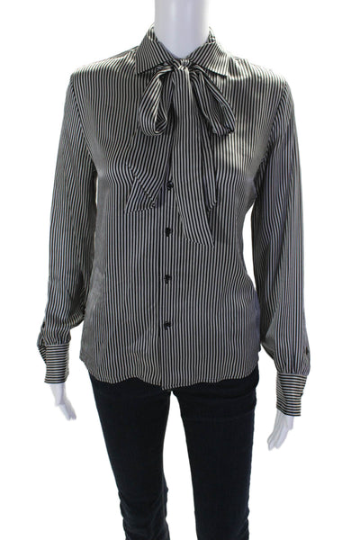 Ralph Lauren Black Label Womens Tie Neck Striped Silk Shirt Black White Size 2