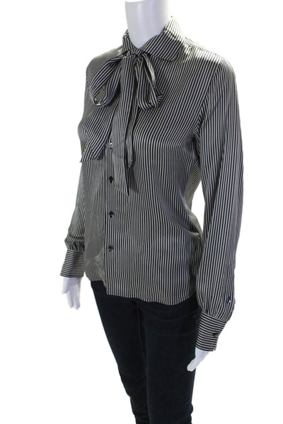 Ralph Lauren Black Label Womens Tie Neck Striped Silk Shirt Black White Size 2