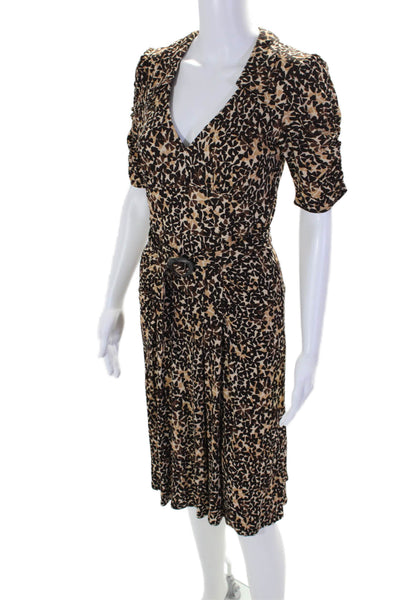 Nanette Lepore Womens Abstract Belted V-Neck Short Sleeve Dress Brown Size 6