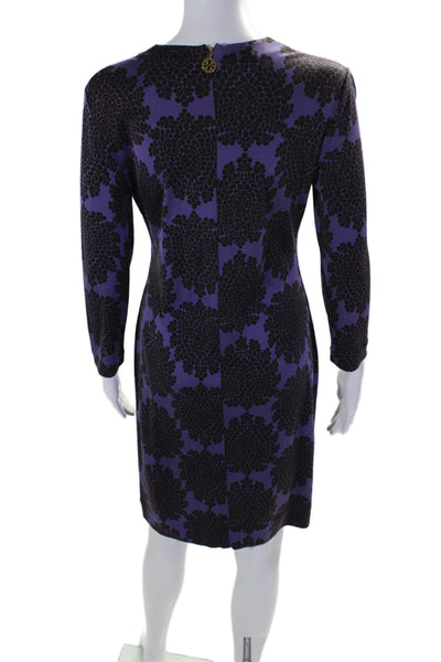 Tory Burch Womens Silk Abstract Round Neck Long Sleeve Dress Purple Size S