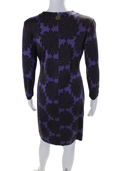 Tory Burch Womens Silk Abstract Round Neck Long Sleeve Dress Purple Size S