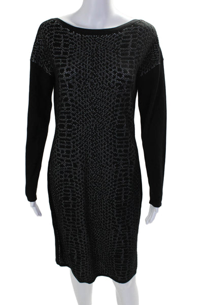 Tahari Womens Cotton Blend Abstract Print Knit Long Sleeve Dress Black Size M