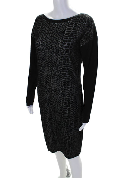 Tahari Womens Cotton Blend Abstract Print Knit Long Sleeve Dress Black Size M