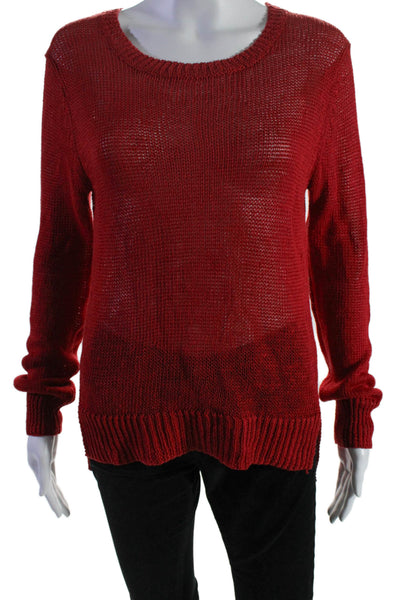 360 Sweater Womens Linen Open Knit Round Neck Long Sleeve Sweater Red Size M