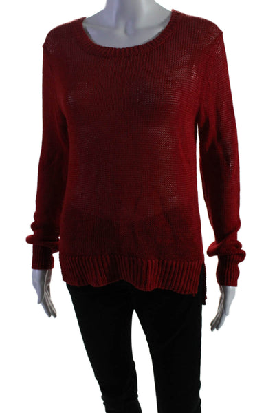 360 Sweater Womens Linen Open Knit Round Neck Long Sleeve Sweater Red Size M