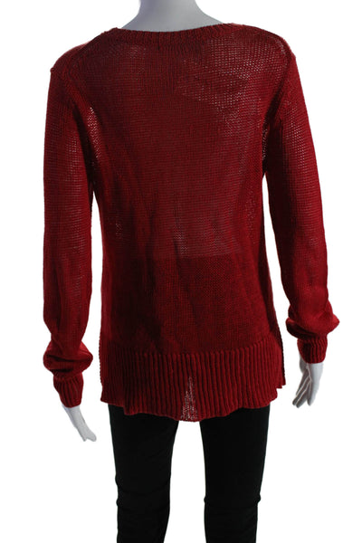 360 Sweater Womens Linen Open Knit Round Neck Long Sleeve Sweater Red Size M