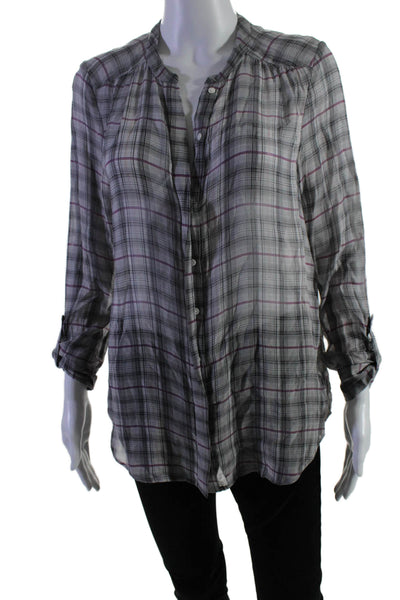 Joie Womens Silk Long Sleeve Collard Button Up Plaid Blouse Gray Size S