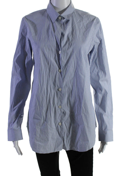 Theory Womens Cotton Collar Stripped Long Sleeve Button Up Blouse Blue Size M