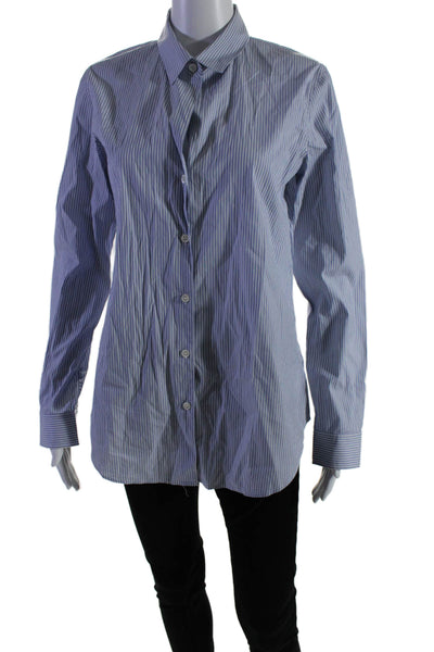 Theory Womens Cotton Collar Stripped Long Sleeve Button Up Blouse Blue Size M