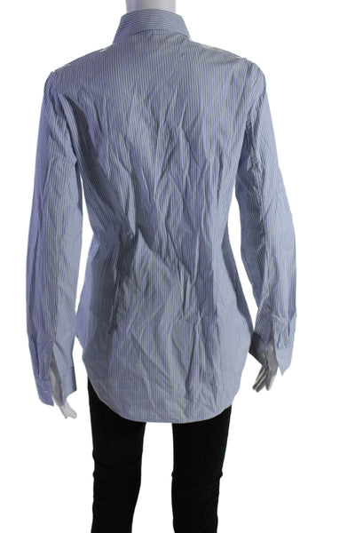 Theory Womens Cotton Collar Stripped Long Sleeve Button Up Blouse Blue Size M