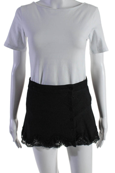 UNIF Womens Textured Lined Lace Trim Button Stripe Mini Skirt Black Size S