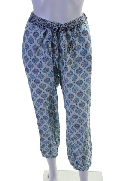 Basta Womens Cotton White Blue Printed Drawstring Cuff Ankle Jogger Pants Size S